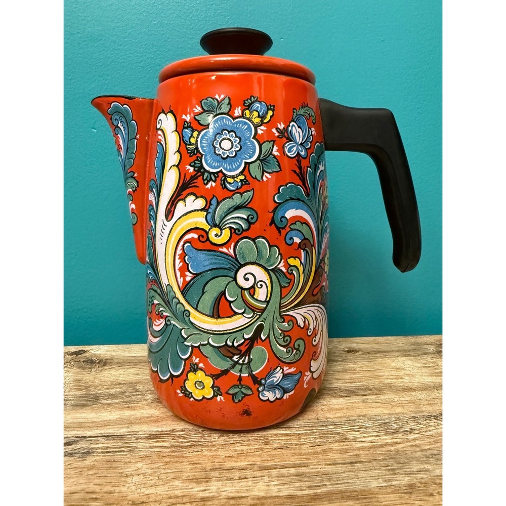 Scandinavian Vintage Coffee Pot Orange Floral Enamelware Retro Boho MCM Carafe - Picture 2 of 8